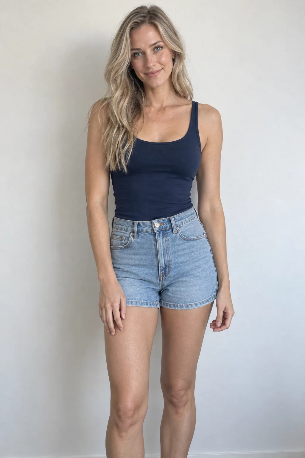 Blonde model standing in a navy camisole and denim shorts