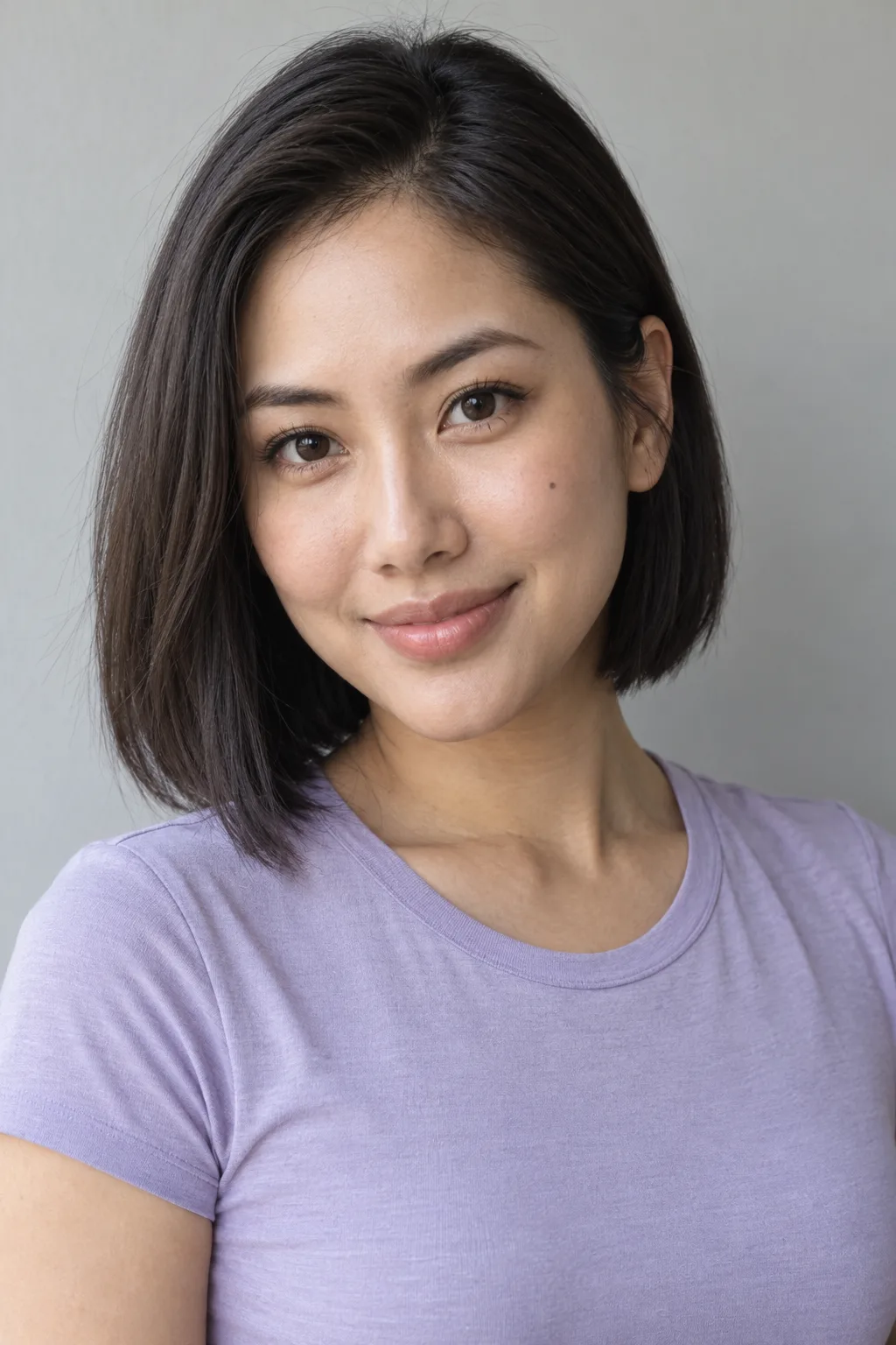 Model with a dark bob and a relaxed smile