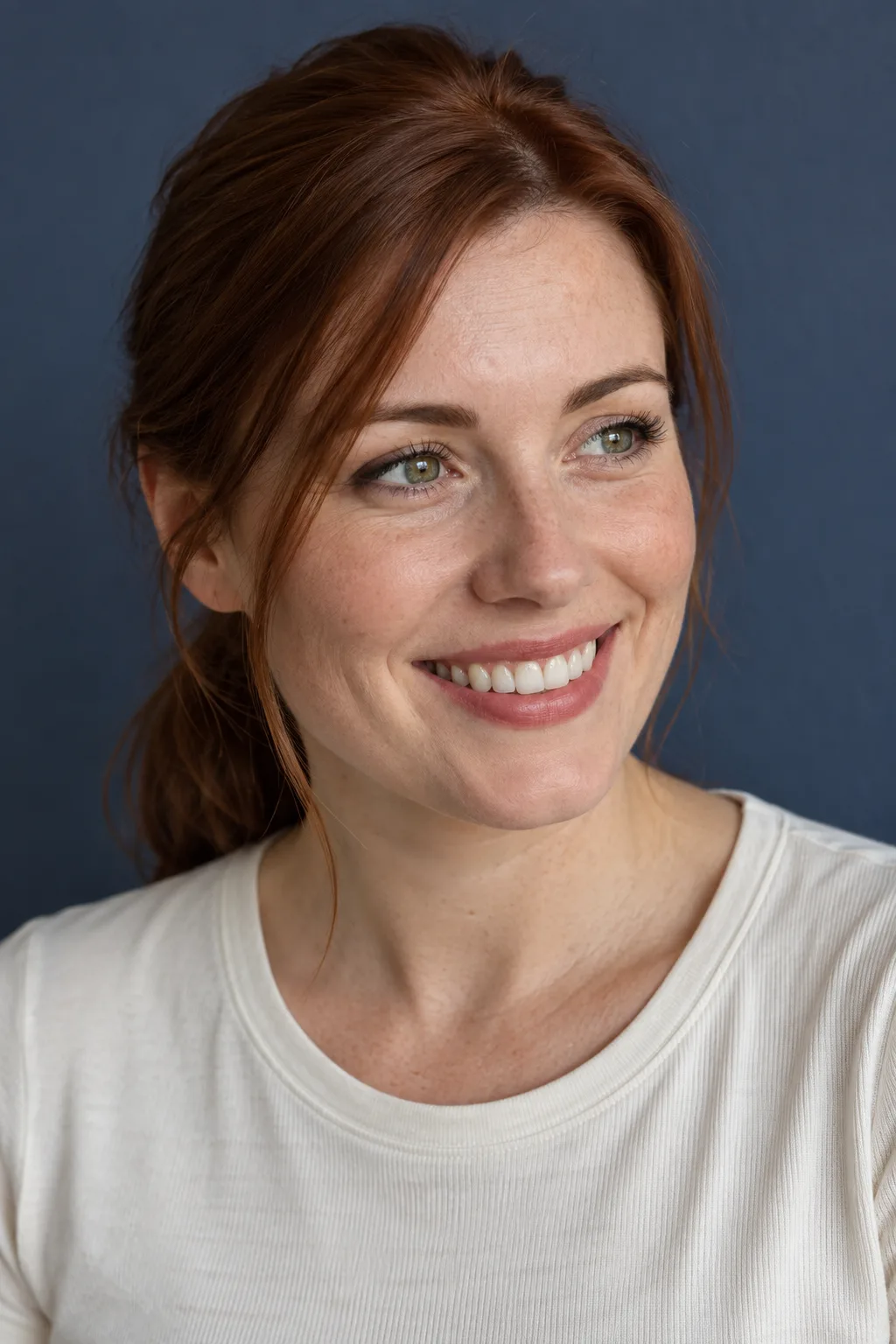 Freckled auburn-haired model smiling