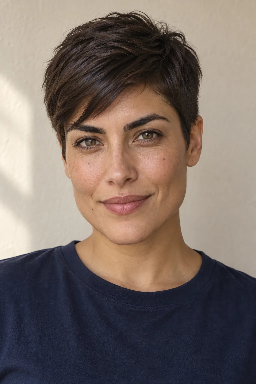 Short dark-haired model with a composed smile