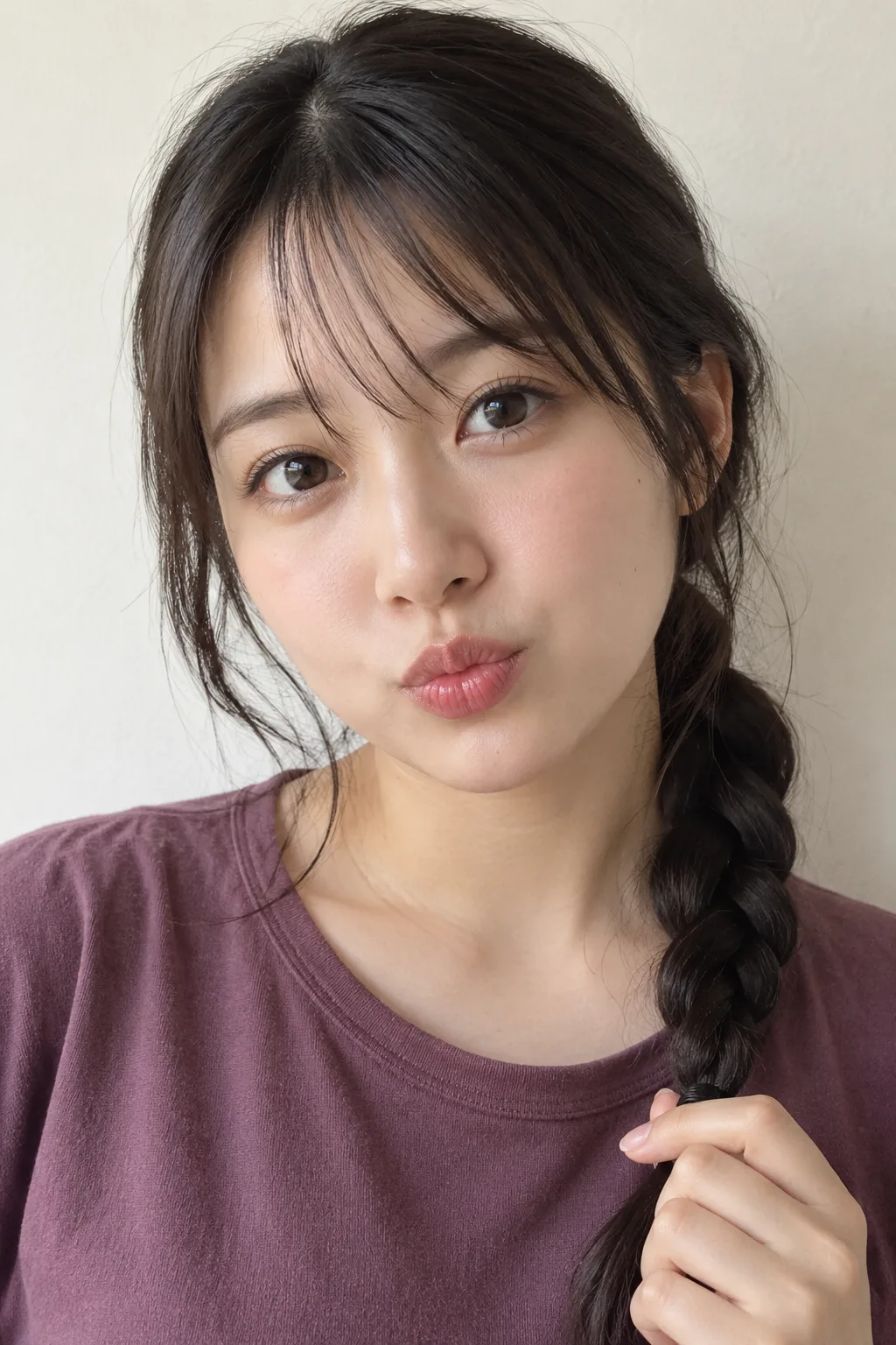 Model with a side braid and a playful pout