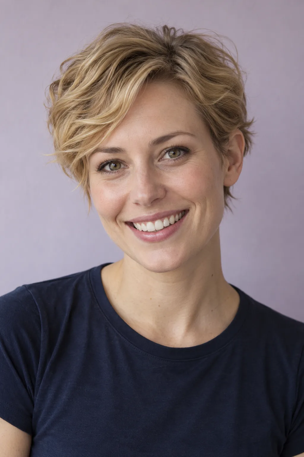 Short-haired blonde model smiling